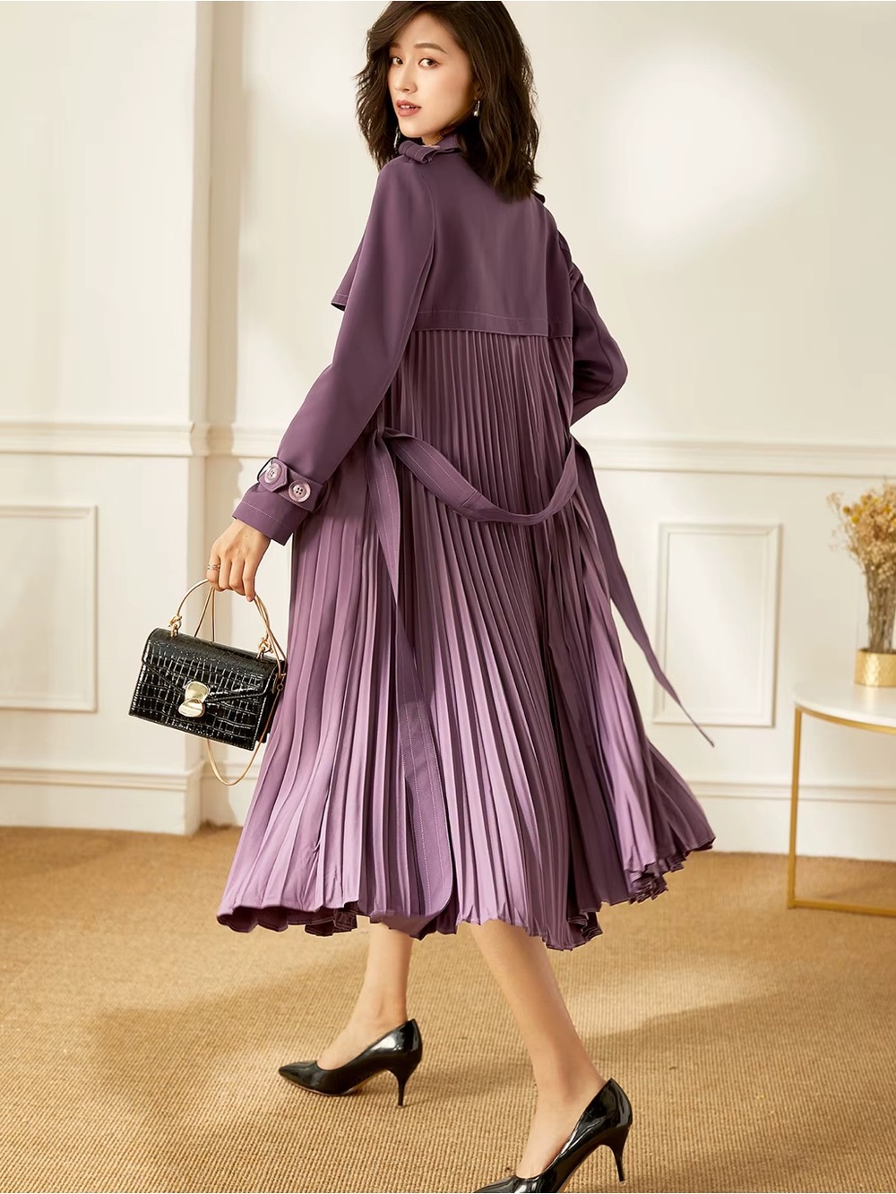 Elegant Pleated Purple Trench Coat S-M-L
